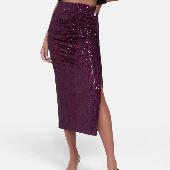 Wildfox Party Midi Maxi Skirt Sz M Purple Sequins Stretch Waist Ruch Front Slit - Picture 13 of 14